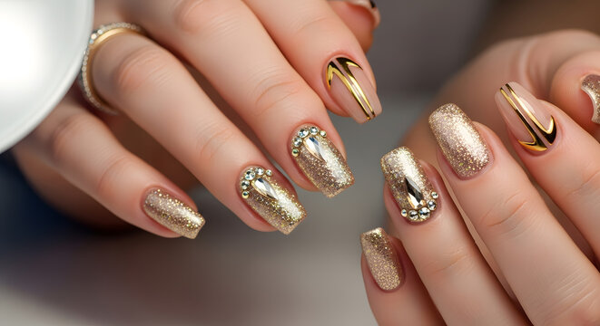 White Nails with Gold Details