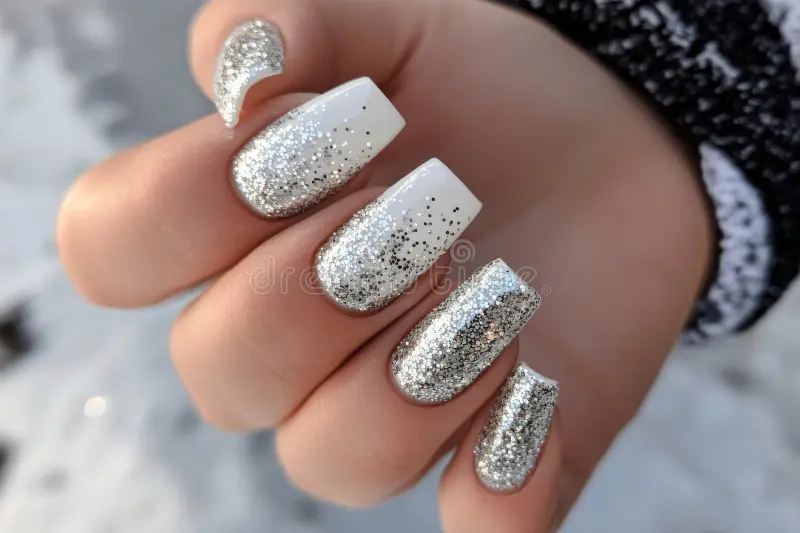 Sparkling Silver Glitter Nails
