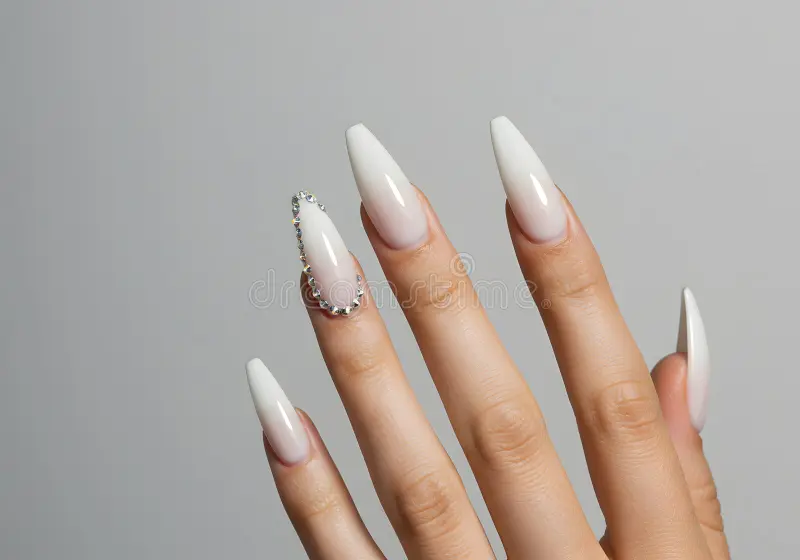 White Nails with Rhinestones