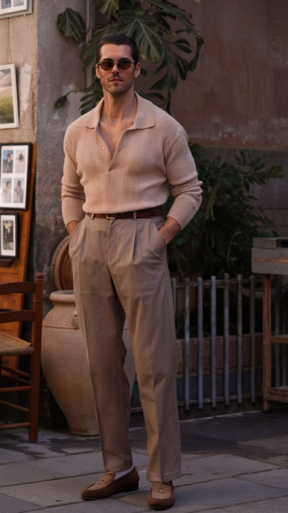 Knit polo with pleated trousers