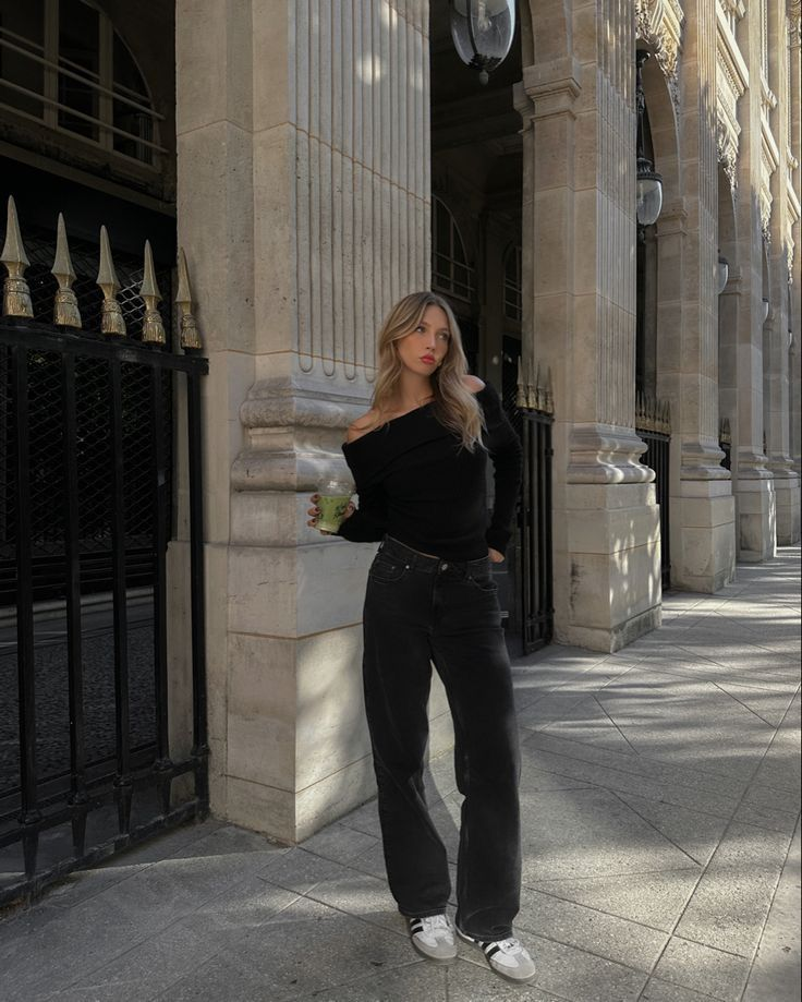 Off-Shoulder Black Top with Wide-Leg Jeans