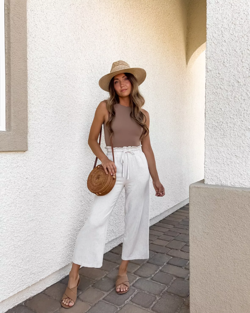 Brown Ribbed Tank Top with Cream Linen Wide-Leg Trousers