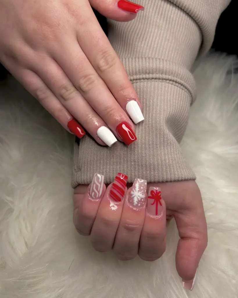 Short Red and White Nails