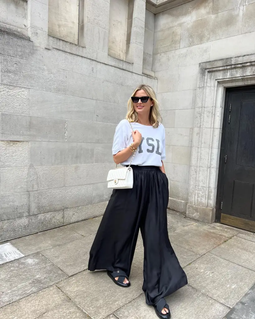 Sleeveless Silk Top with Black Trousers